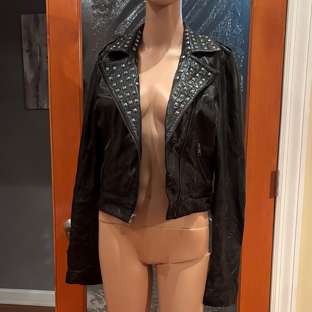 Trouve Black Leather Jacket with Studded Details